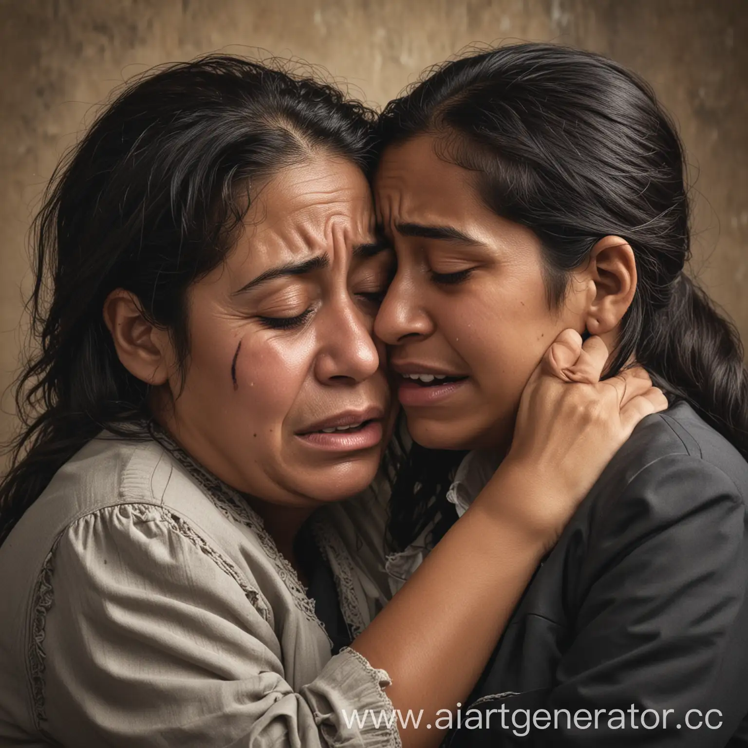 crying Middle age Mexican woman hugs a crying young black school girl