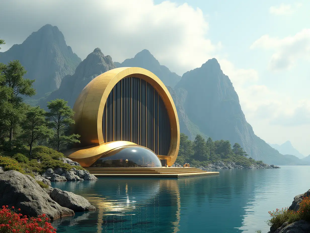 Create a high-resolution realistic image in 4k resolution a futuristic gold with black building with curved columns, mountains large trees, rocks flowers a futuristic glass boat with glass window cloudy sky