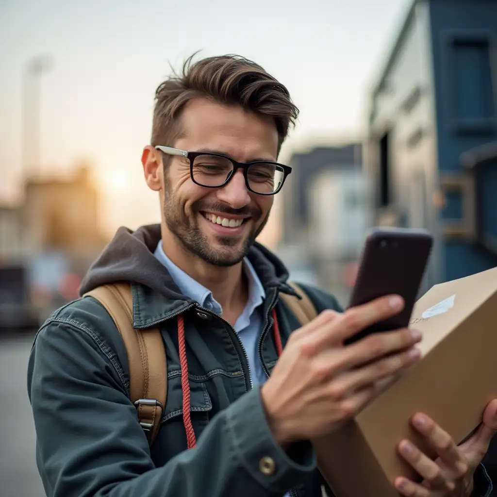 Man holding a phone and booking to send cargo by app