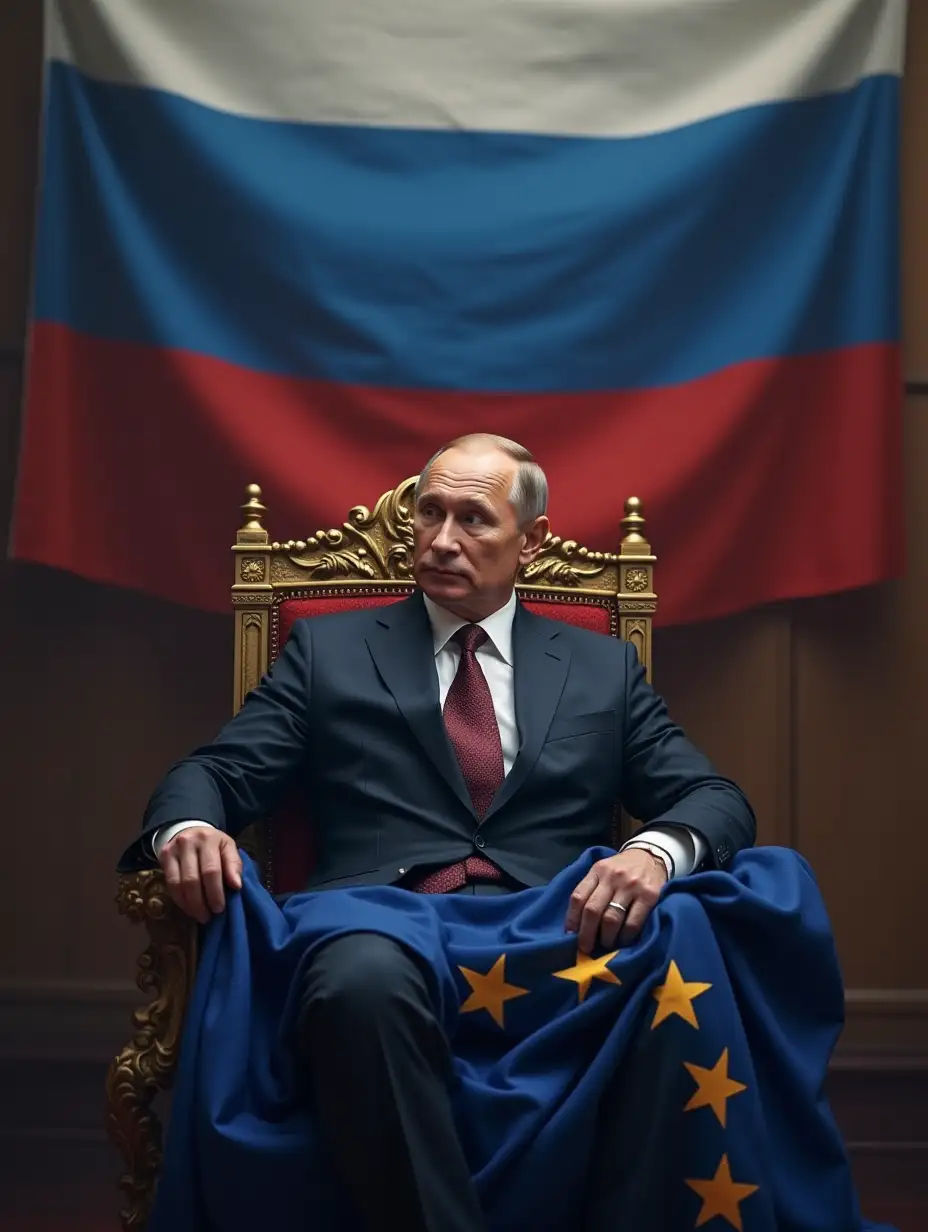 Putin sits on the throne set on the defeated flag of EU, behind Putin unfurls the Russian flag