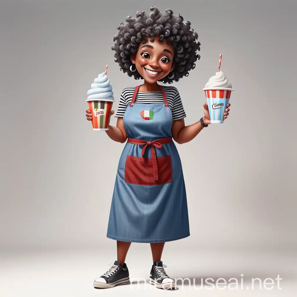 Smiling Young Grandmother in Denim Dress Holding Italian Ice Cup