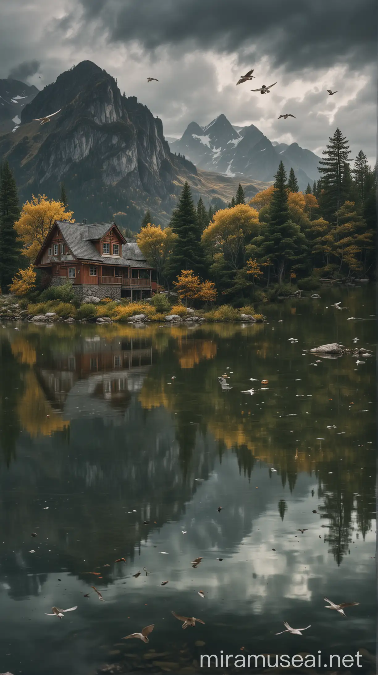 Majestic Mountain Landscape with Serene Water Reflections and Graceful Birds