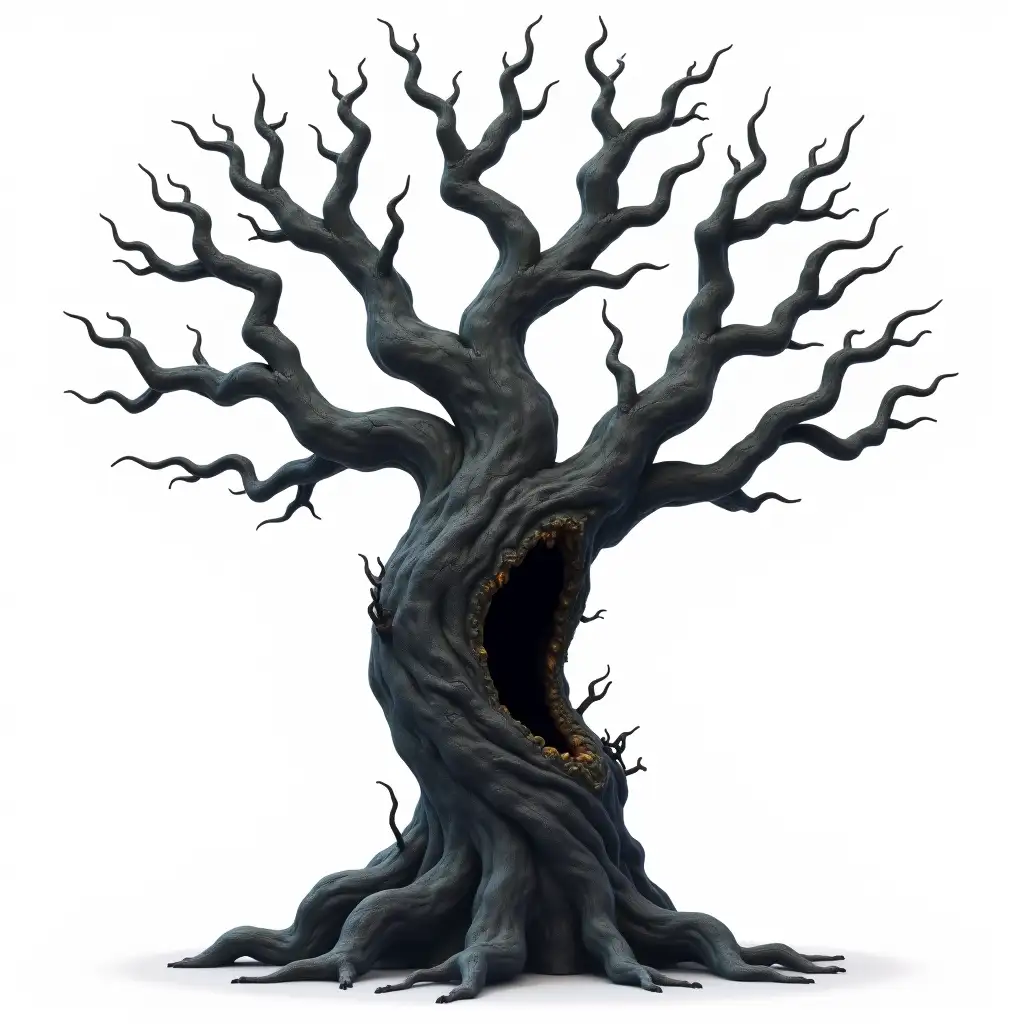 A single, gnarled dark fantasy tree, isolated with no background. Its twisted branches resemble skeletal fingers, with blackened, cracked bark oozing faint glowing sap. The hollow trunk has subtle, eerie carvings. Designed as a standalone game asset, highly detailed, gothic, and surreal, with transparent background