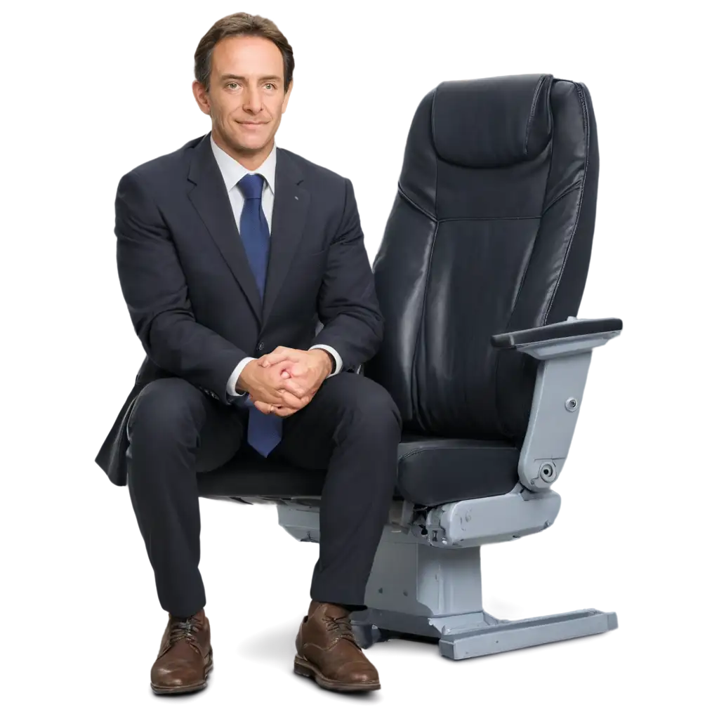 One person sitting on a single airplane seat from the front view and the seat is isolated from the background