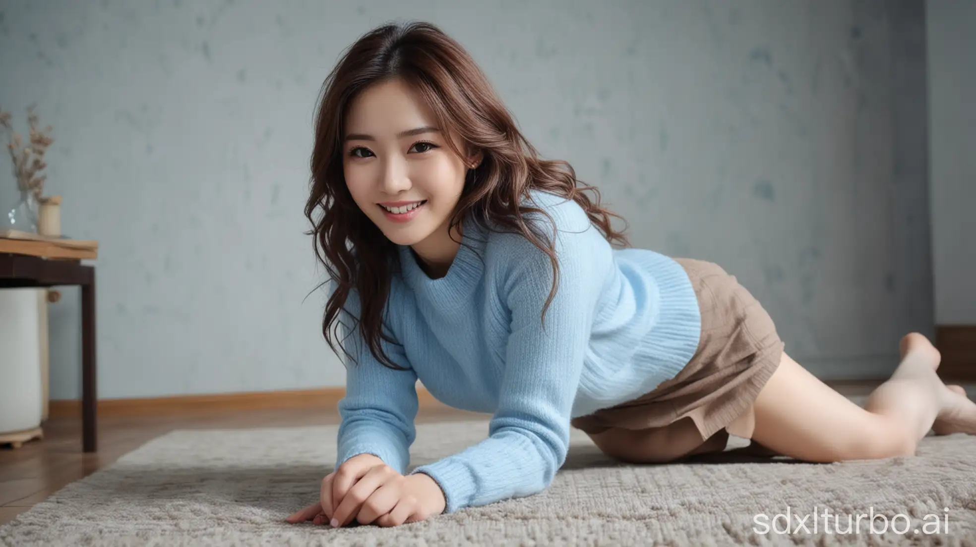 Beautiful-Chinese-Woman-in-Winter-Outfit-Crawling-in-Room