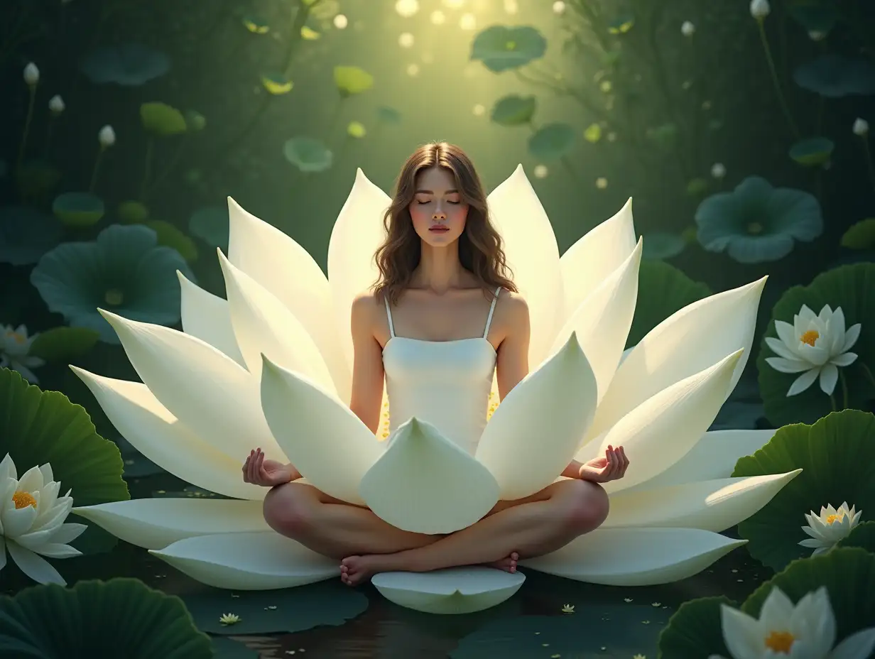 Imagine an enchanting and harmonious scene where a young woman finds herself seated at the center of a large, immaculate white flower. This depiction captures the moment from a front-facing perspective, allowing for a full appreciation of her tranquil demeanor as she meditates in serene stillness. Her posture is cross-legged, symbolizing a perfect balance and focus. The expression on her face is one of calm and peace, her eyes gently closed, exuding a profound sense of well-being and constancy.nnThe flower beneath her is reminiscent of a grandiose lotus, its petals splayed out in a symmetrical and graceful configuration. Each petal is meticulously illustrated, with subtle textures and soft gradients of white that evoke purity and a spiritual essence. This pristine flower forms a natural sanctuary around her, providing a cradle of tranquility that highlights her meditative state.nnSurrounding this serene image is an abundance of lush greenery, a rich backdrop of verdant leaves and flowering plants that together create a vibrant natural setting. This lush ambiance adds to the sense of vitality and health emanating from the woman, underscoring her connection with nature.nnThe lighting in the scene is soft and ambient, casting a gentle glow over the woman and the flower, enhancing the ethereal quality of the moment. Shadows play delicately across the petals, adding depth and dimension, further emphasizing the atmosphere of peace and unwavering stability that radiates from the woman.