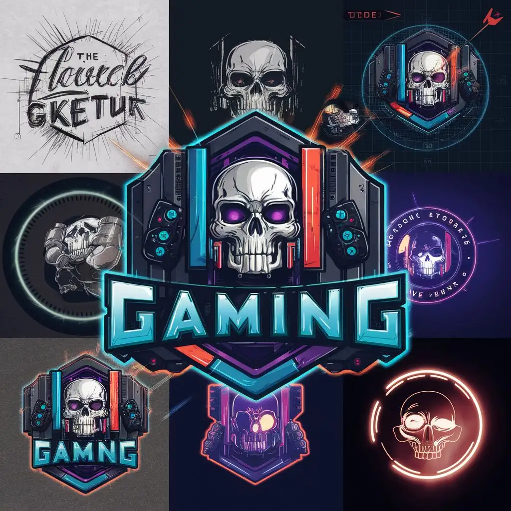 LOGO Design for Game Bold Futuristic Typography with Skull Controller and Cyberpunk Neon Elements