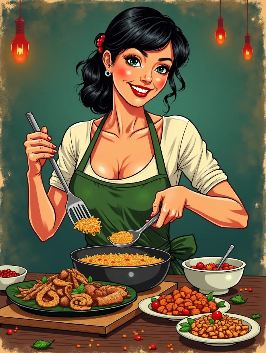 A female cooks prepares Thai delicious dishes, vintage comic photo style in cool color tone