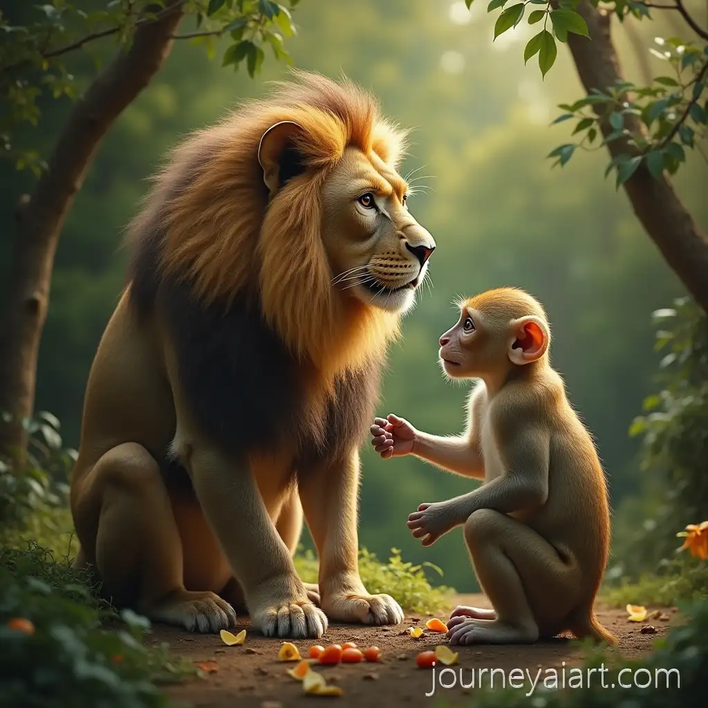 Clever-Monkey-Outsmarts-Elderly-Lion-in-a-Lush-Forest