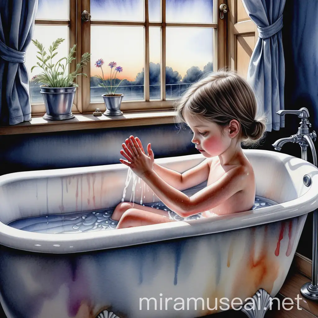 7YearOld Girl Enjoying a Relaxing Bathtime in a Modern Bathroom