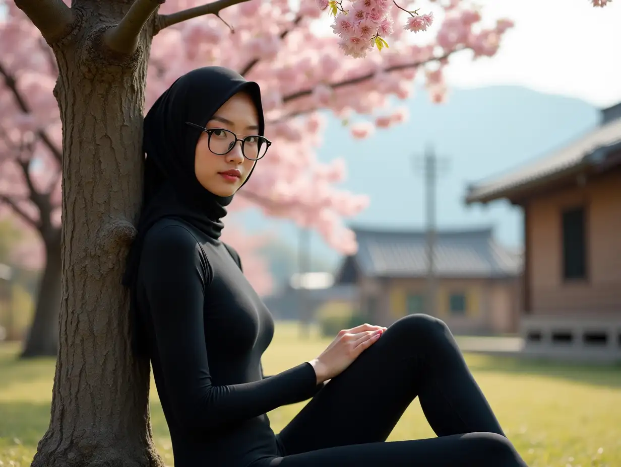 Serene-Asian-Woman-in-Black-Hijab-and-Swimsuit-Amidst-Sakura-Blossoms-in-Rural-Japan