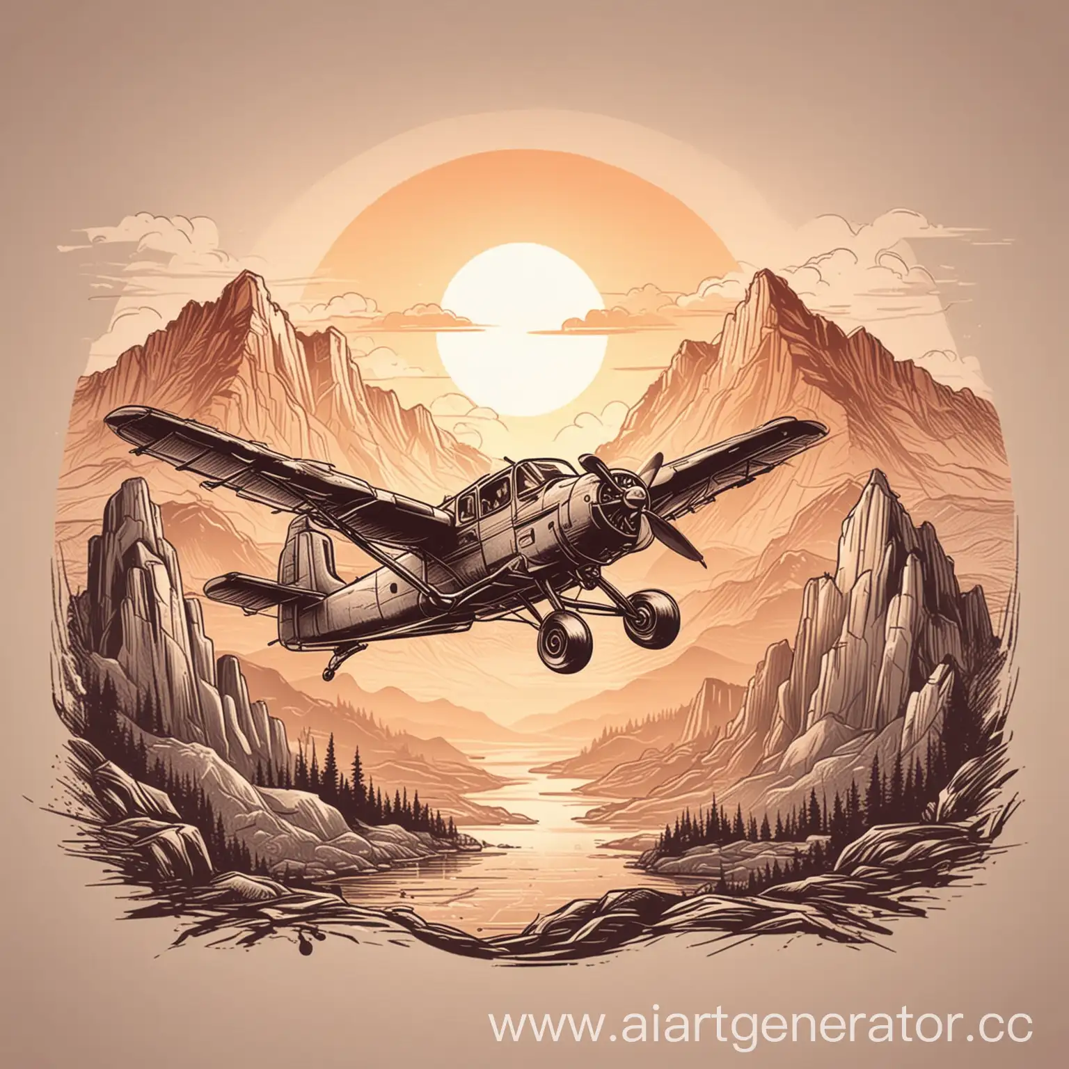 Propeller-Plane-Taking-Off-with-Mountains-at-Sunrise-Minimalist-Line-Art-Logo