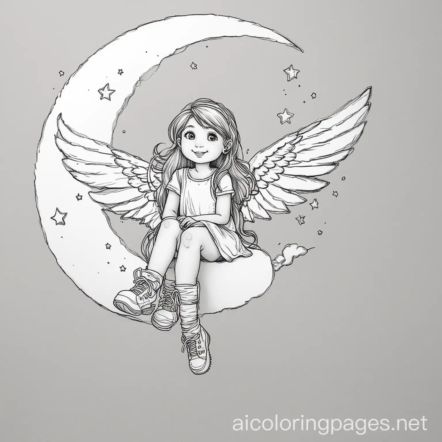 Young-Girl-with-Wings-Sitting-on-Moon-Coloring-Page