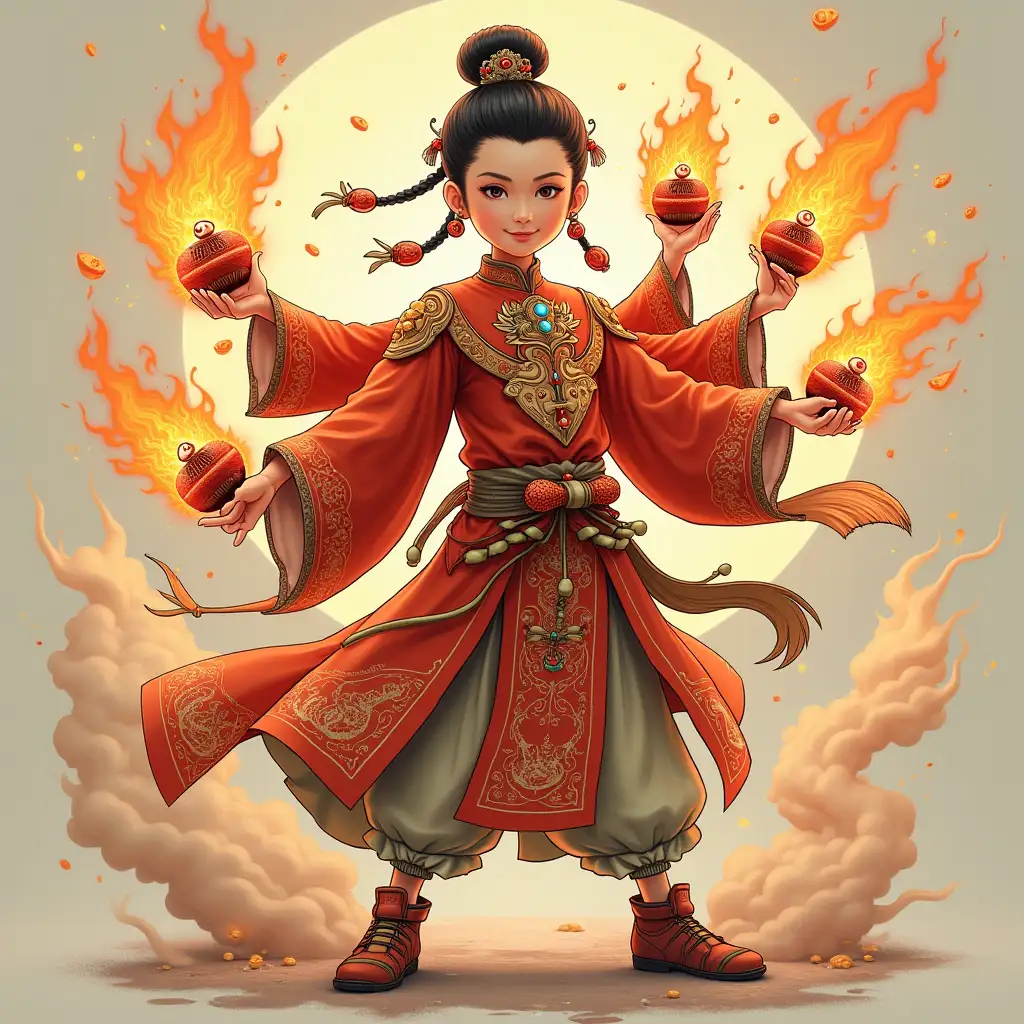 The Chinese mythological figure the boy Nezha has three heads and eight arms and wears his head in a bun. He wore a celestial circle on his wrist, a mixed silk on his ankles and shoulders, and a pair of hot wheels under his feet. He uses two fire stings in both hands, and in his other six hands he holds gold bricks, a nine-dragon fire shield, and a Yin-yang double sword and a double sword. His real-life battle with the Norse mythological figure Thor was epic,