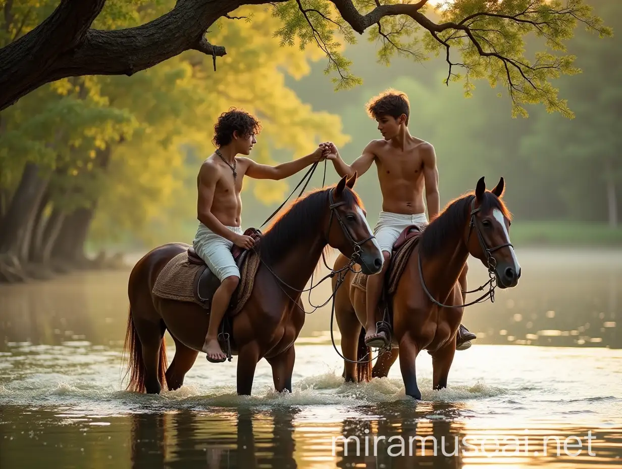 Roma Gypsy Boy and Horses by a Serene Lake