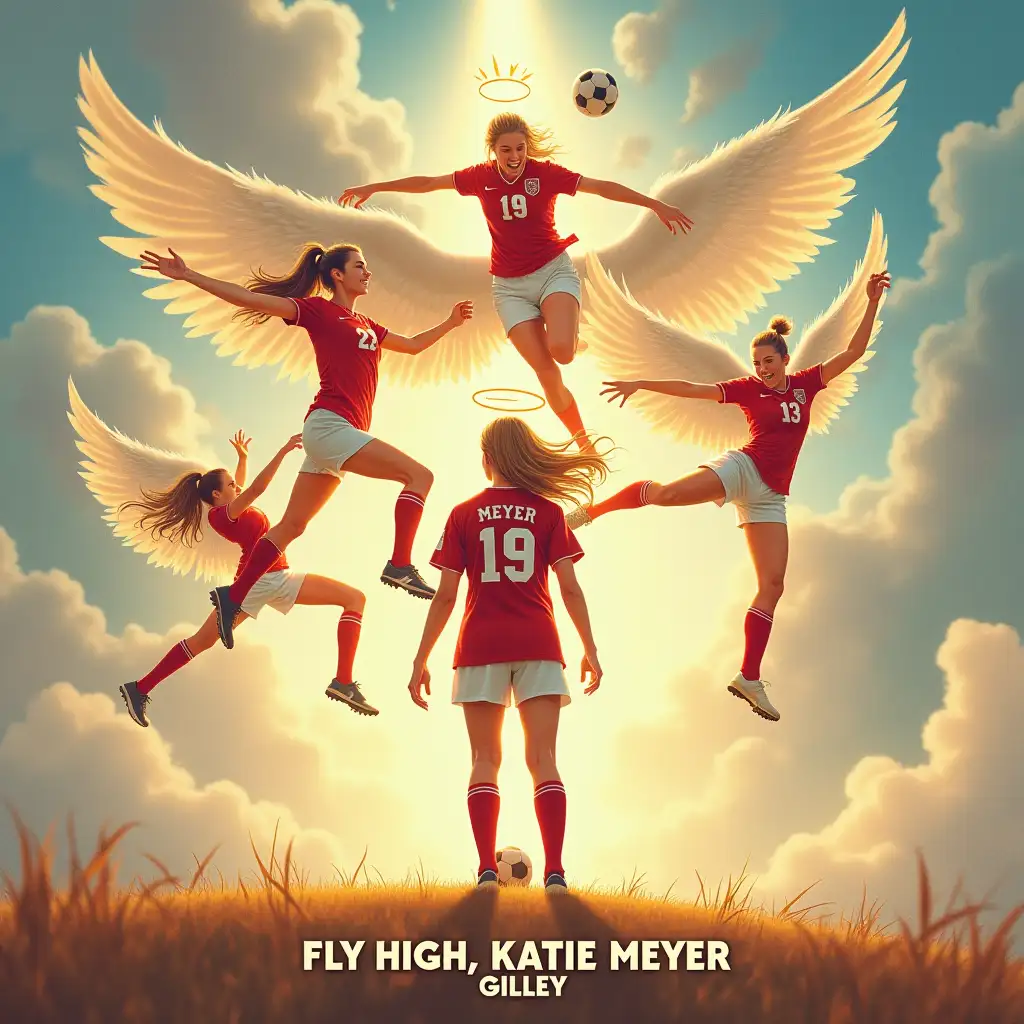 Create an album cover for the country artist Gilley that captures the essence of hope, inspiration, and celebration. The cover art features a heavenly soccer scene with Katie Meyer, the late Stanford goalkeeper, wearing her iconic jersey number 19, as a blonde angel playing soccer in heaven. Depict Katie in her soccer uniform, standing confidently as a goalkeeper, with a bright halo. Instead, her Stanford teammates are shown playing alongside her with beautiful, feathery wings, showcasing their skills and teamwork in a dynamic, action-packed scene. Incorporate some exciting action elements, such as: Katie diving to make an incredible save, with her wings spread wide; A teammate flying through the air, kicking the ball with precision and power; Another teammate using her wings to block a shot, with a burst of light and energy emanating from the ball. In the background, incorporate subtle, fluffy white clouds and a soft, shimmering light to give the scene an ethereal, heavenly atmosphere. At the bottom of the cover, include the text: 'Fly High, Katie Meyer - Gilley' in bold, country-western-inspired font. Ensure the overall design has a warm, nostalgic feel, reminiscent of classic country music albums, with a hint of magic, inspiration, and celebration.