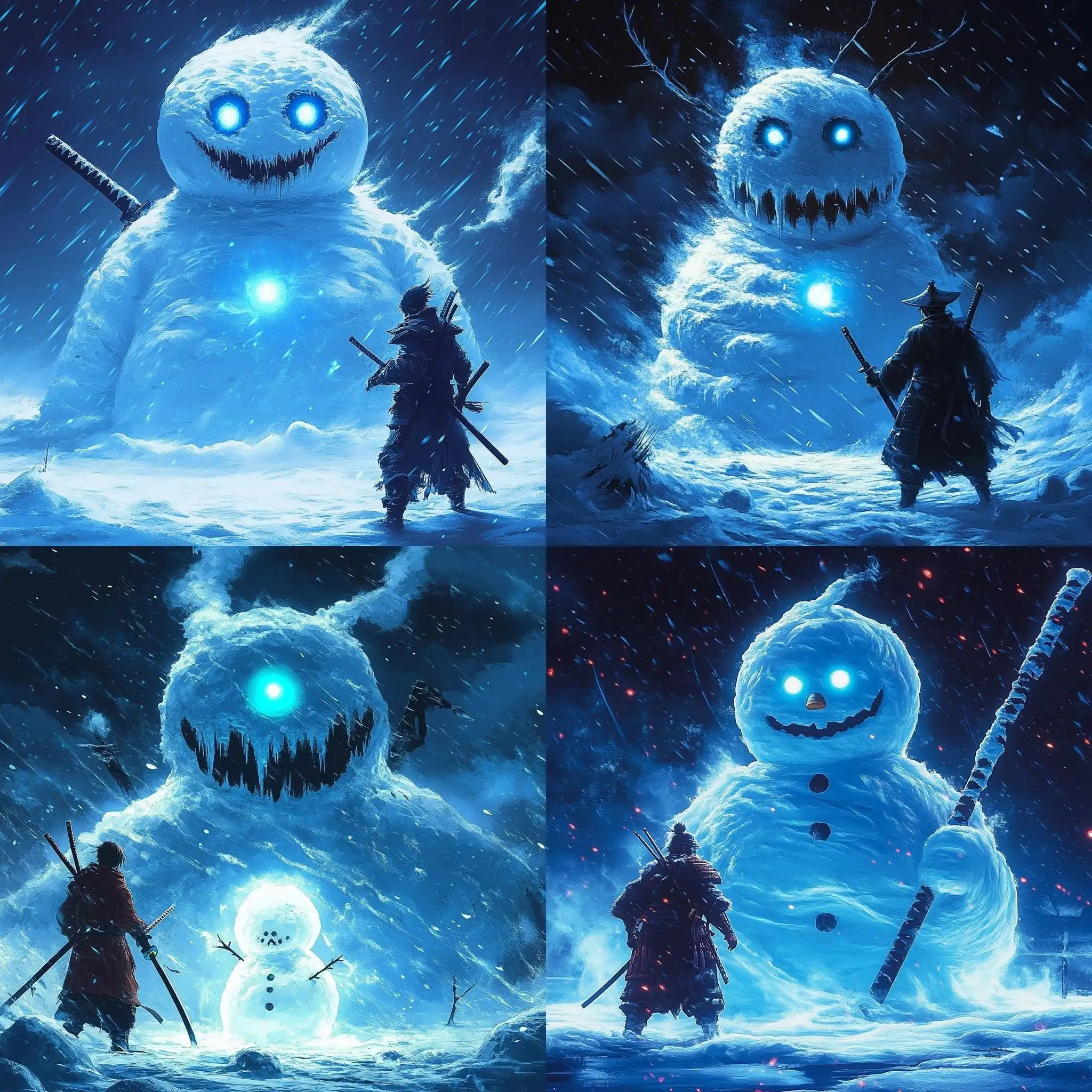 Samurai-Next-to-a-Melting-Snowman-with-Glowing-Blue-Light-in-1990s-Anime-Style