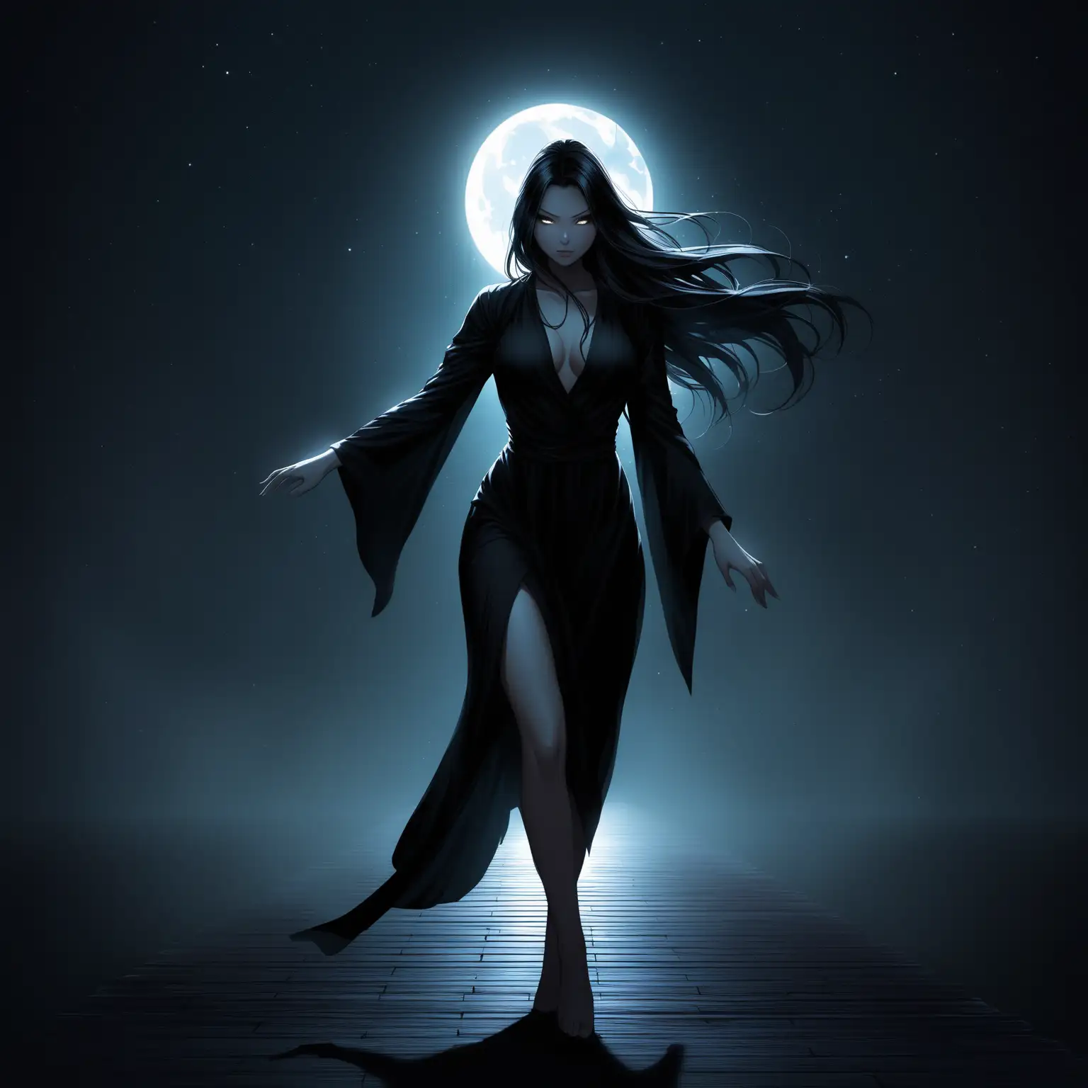 Dynamic Shapeshifter Woman in Black Attire Sneaking at Night