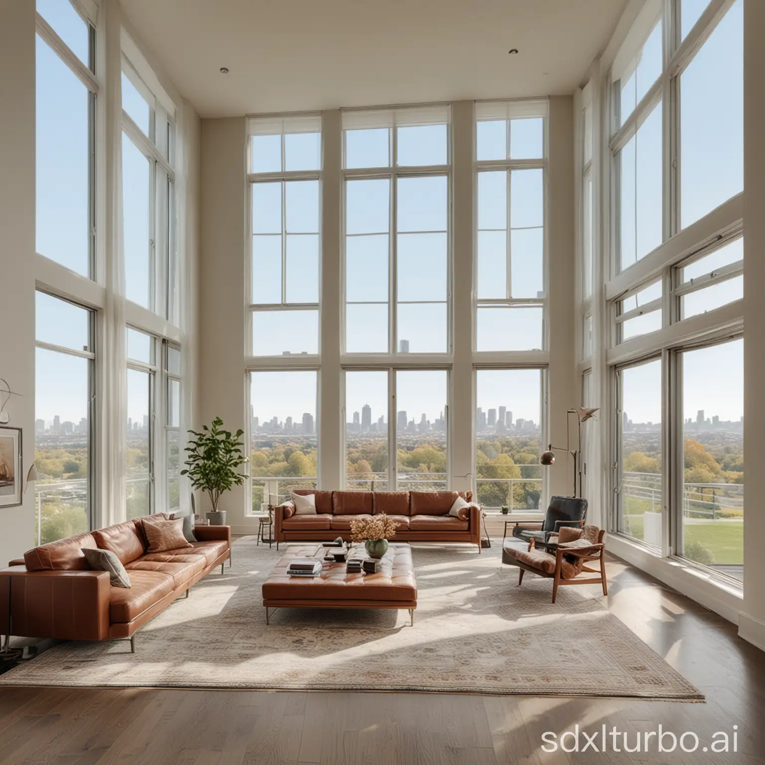 A spacious American living room with floor-to-ceiling Windows and bright views