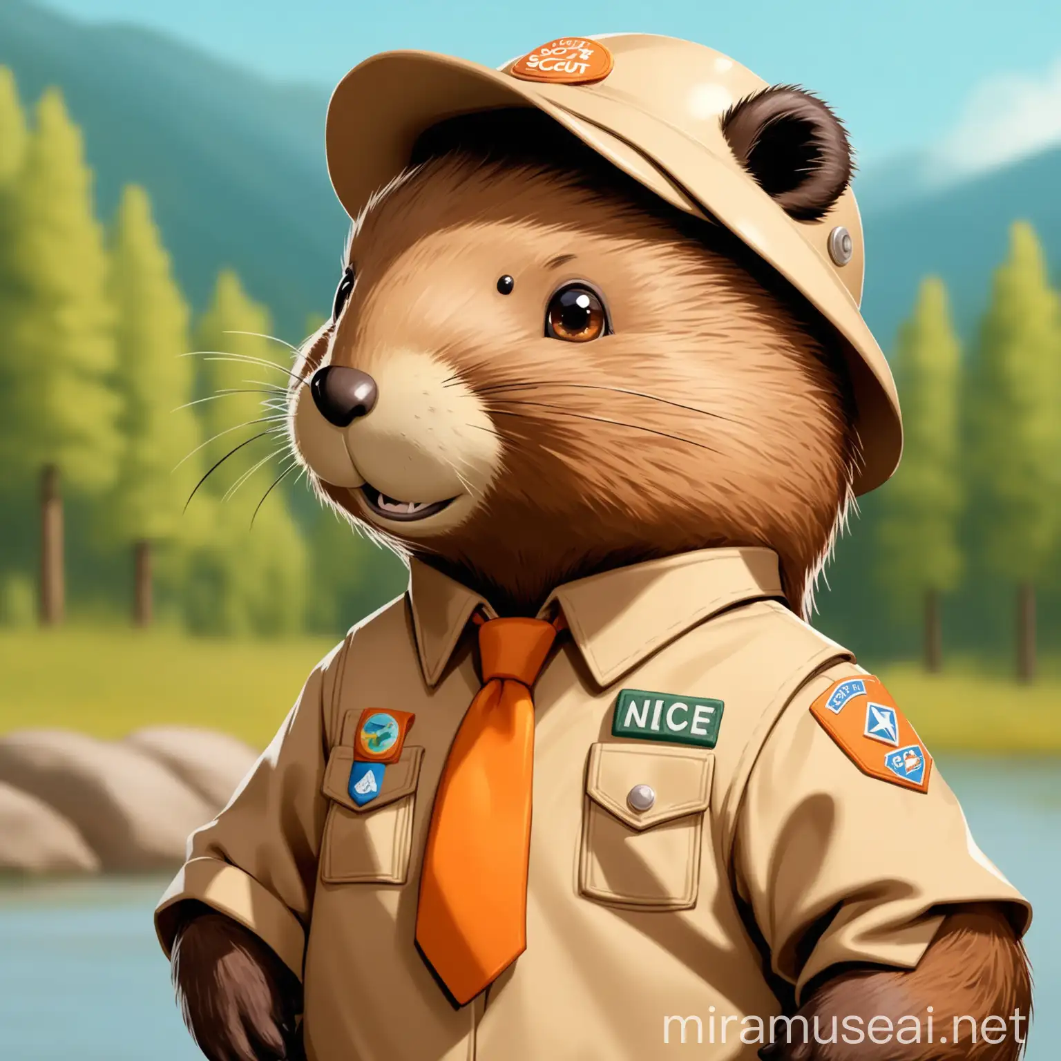 Adorable Beaver Scout with Nature Background