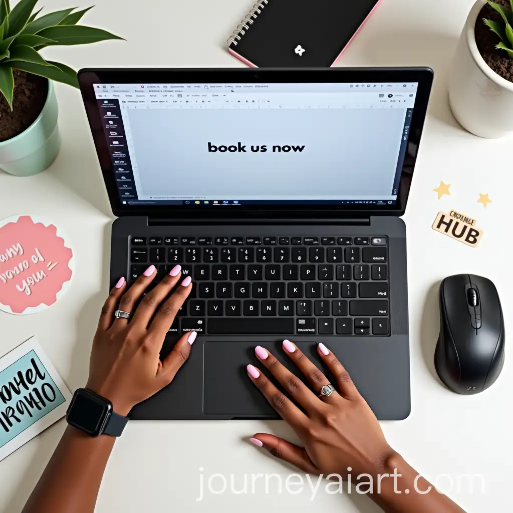 Modern-Workspace-with-Black-Laptop-Pink-Mouse-and-Stylish-Stickers