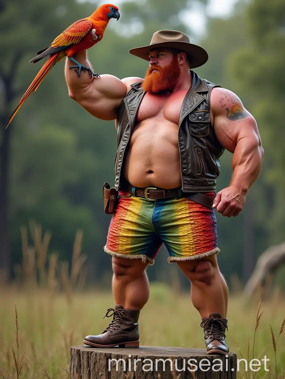 Bodybuilder Daddy in Rainbow Leather Shorts and Akubra Hat Flexing Strong Arm