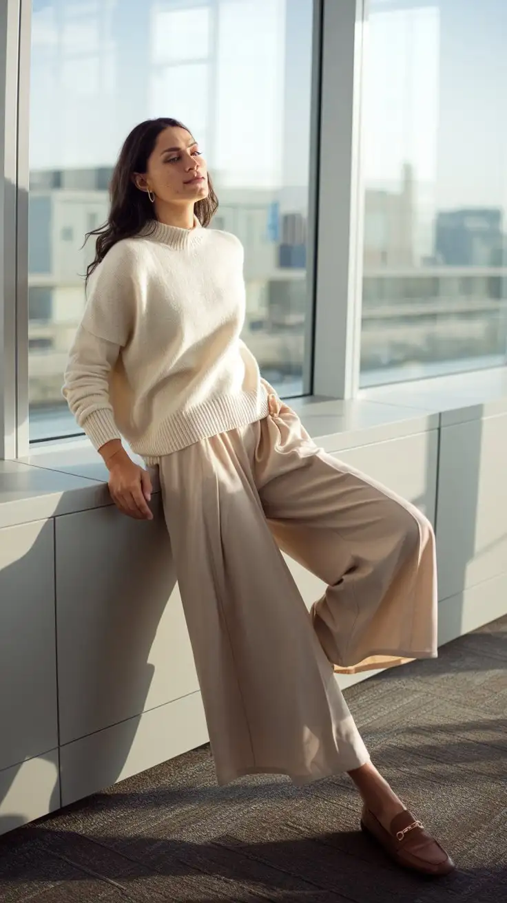 Woman-Leaning-Against-Office-Window-in-Soft-Morning-Light