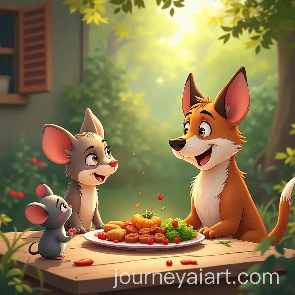 Dog-and-Mouse-Share-a-Meal-of-Mercy-in-Garden-with-Cat-Joining