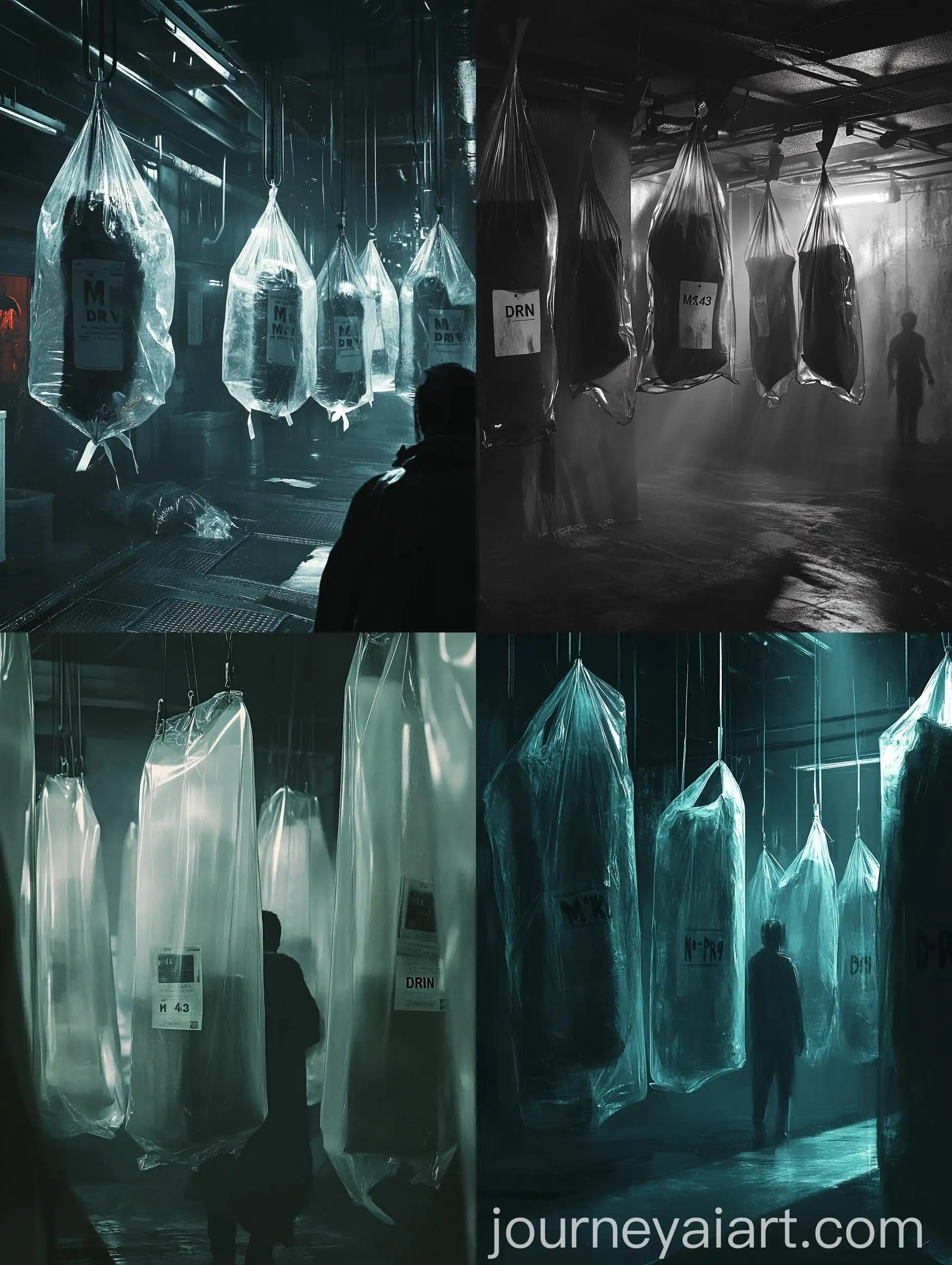 Mysterious-Figure-in-Dimly-Lit-Room-Surrounded-by-Transparent-Body-Bags