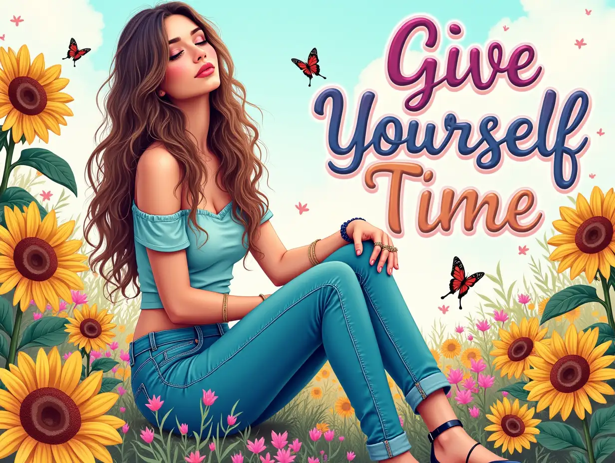 Vector illustration, Art style: Alcohol Ink art. Create a hyperrealistic image of a serene, fashionable woman sitting in a vibrant garden filled with sunflowers and pastel-colored flowers. She has long, flowing hair adorned with stylish accessories like bracelets and rings. Dressed in a relaxed off-the-shoulder top and fitted jeans, she leans back with a contemplative expression. Surround the scene with delicate butterflies for a whimsical touch. Use a color palette of turquoise, soft pinks, yellows, and hints of glittering details to create a dreamy atmosphere. The text 'Give Yourself Time' should be written in bold, colorful letters, with a neon effect. The background should be filled with neon and other decorative elements.