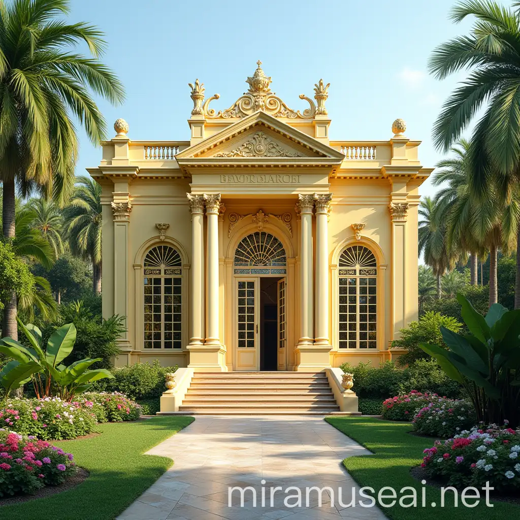 European Neoclassical Architecture Palace with StainedGlass Windows and Tropical Garden