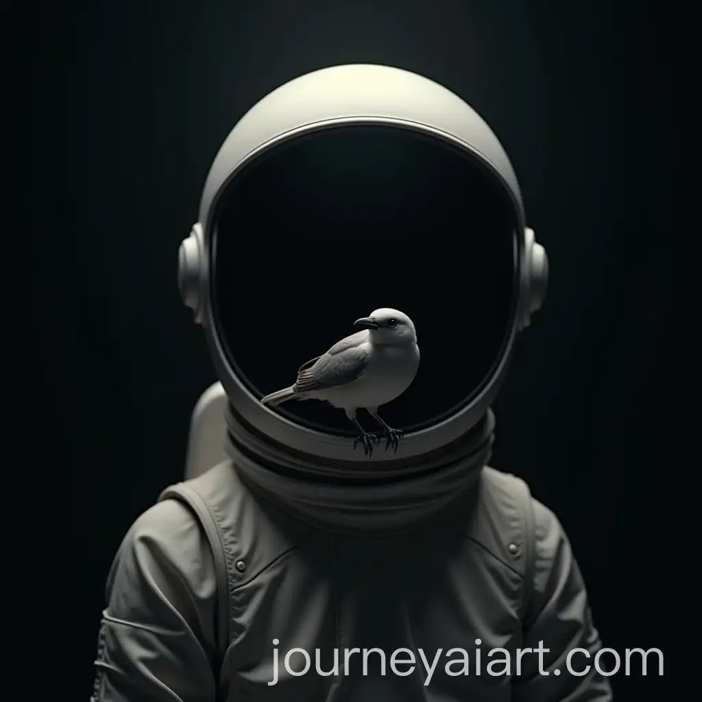 Hyperrealistic-Astronaut-Helmet-Floating-with-Bird-on-Dark-Background