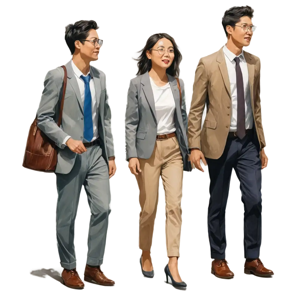 painting of Asian young professionals walking around , image inspired by Tyrone Layne