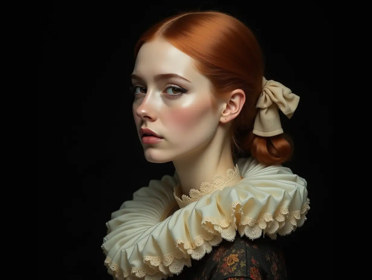 Portrait in profile position up to the shoulders, fine art style in low key of extreme realism and high definition of details of a mysterious lady with a giant ruff around her neck made of rich fabric and lace at the ends. White copper-colored hair, shiny with extreme realism and definition, combed with a ponytail at the nape of her neck tied with a beige lace bow. Light skin with rosy cheeks and freckles. Intriguing brown eyes with a penetrating look at the camera with extreme realism and definition, pink fleshy lips, with a touch of gloss. Black background