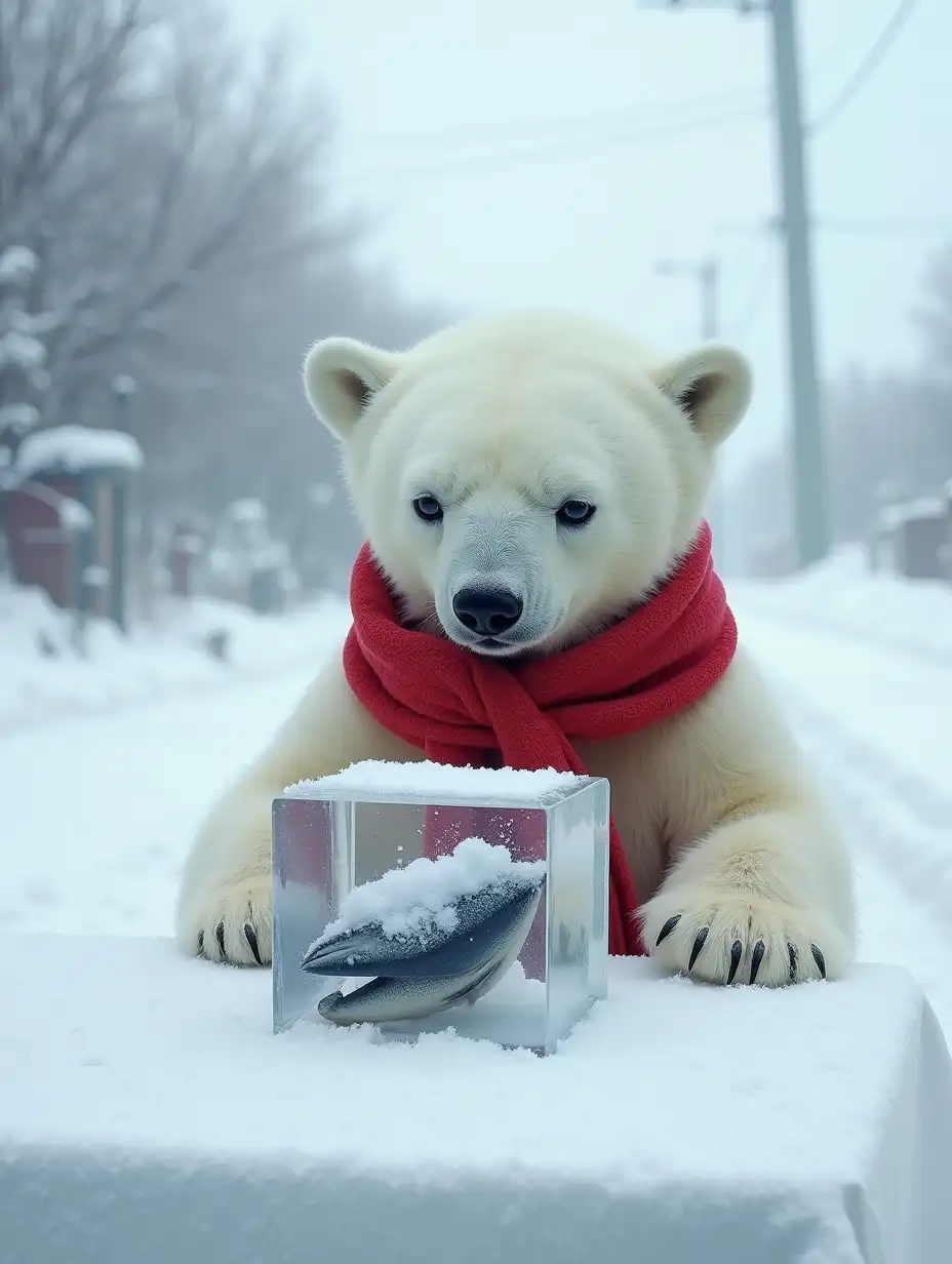 A Photo of a huge polar bear with very white fur is sitting at a table on a snowy street. The bear is wearing a bright red warm scarf. The bear cries. On the table in front of the bear is a huge transparent cube of ice with frozen fish. The polar bear has a very sad expression on his face, with jealousy and boredom in his eyes. The background is filled with thick layers of snow, which creates a cold and wintery atmosphere. The whole scene conveys a melancholic. White Background.