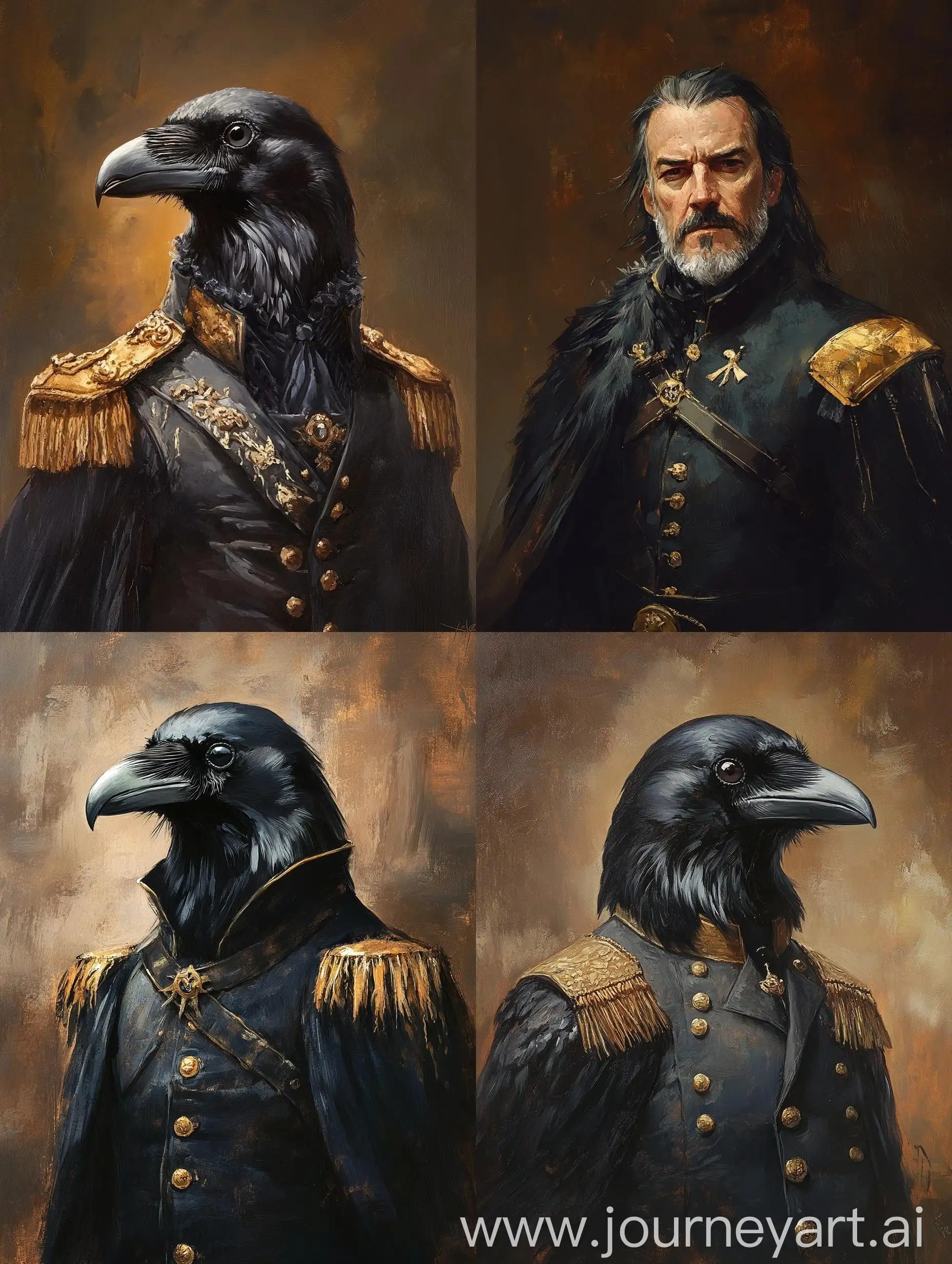 Victorian-Oil-Portrait-of-MiddleAged-Raven-in-DarkGray-Civil-Clothes-with-Golden-Shoulder-Pads