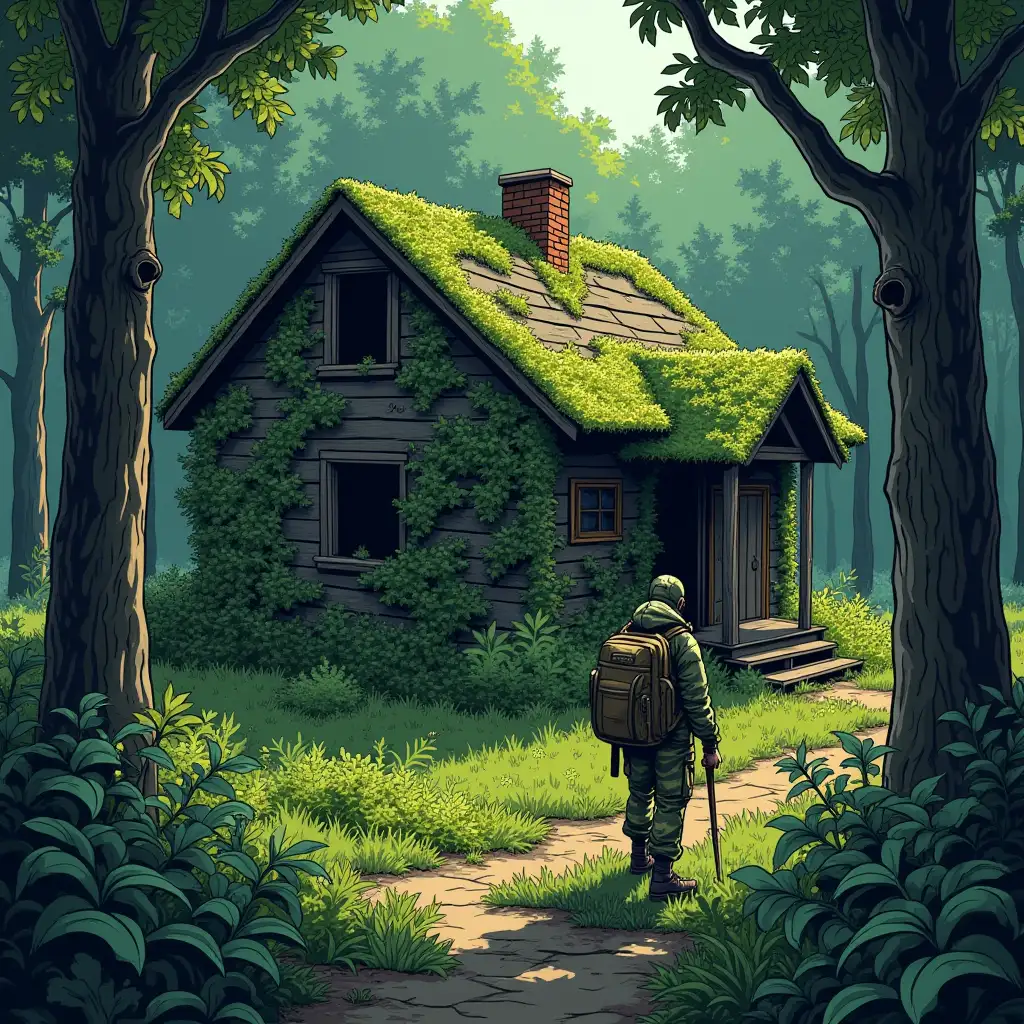 A man in camouflage, with a backpack, sneaking up to an abandoned, overgrown with bushes and moss cottage in the forest. Comic style.