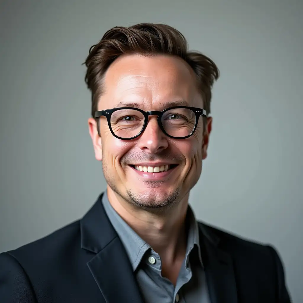 A hyper-realistic photograph 4K of a product designer whose facial features are a blend of Elon Musk and Bill Gates. The individual has Musk's sharp, angular facial structure and confident expression, combined with Gates-style glasses, a neatly combed hairstyle, and a friendly, approachable smile. The subject wears a modern smart blazer over a casual shirt, exuding professionalism and creativity. Shot with high-quality studio photography techniques, including soft diffused lighting, realistic skin textures, and a shallow depth of field to create a natural bokeh effect in the minimalistic background. The colors are true-to-life, and fine details such as pores, reflections in glasses, and fabric textures are clearly visible