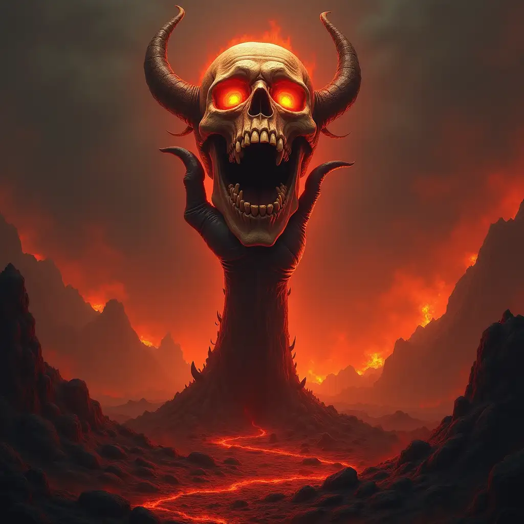 A hellish landscape, out of the burning ground comes a devil's hand that holds a giant screaming skull with glowing eyes into the sky