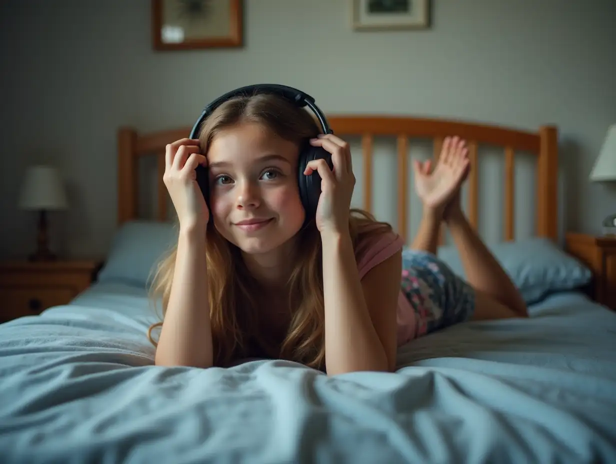 Teenage-Girl-Relaxing-on-Bed-with-Headphones-and-Nightstand-in-Bedroom