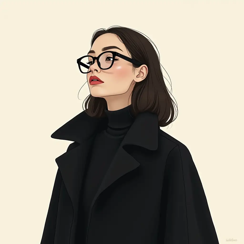 beautiful girl simple lines with glasses, wearing a black coat , minimalism