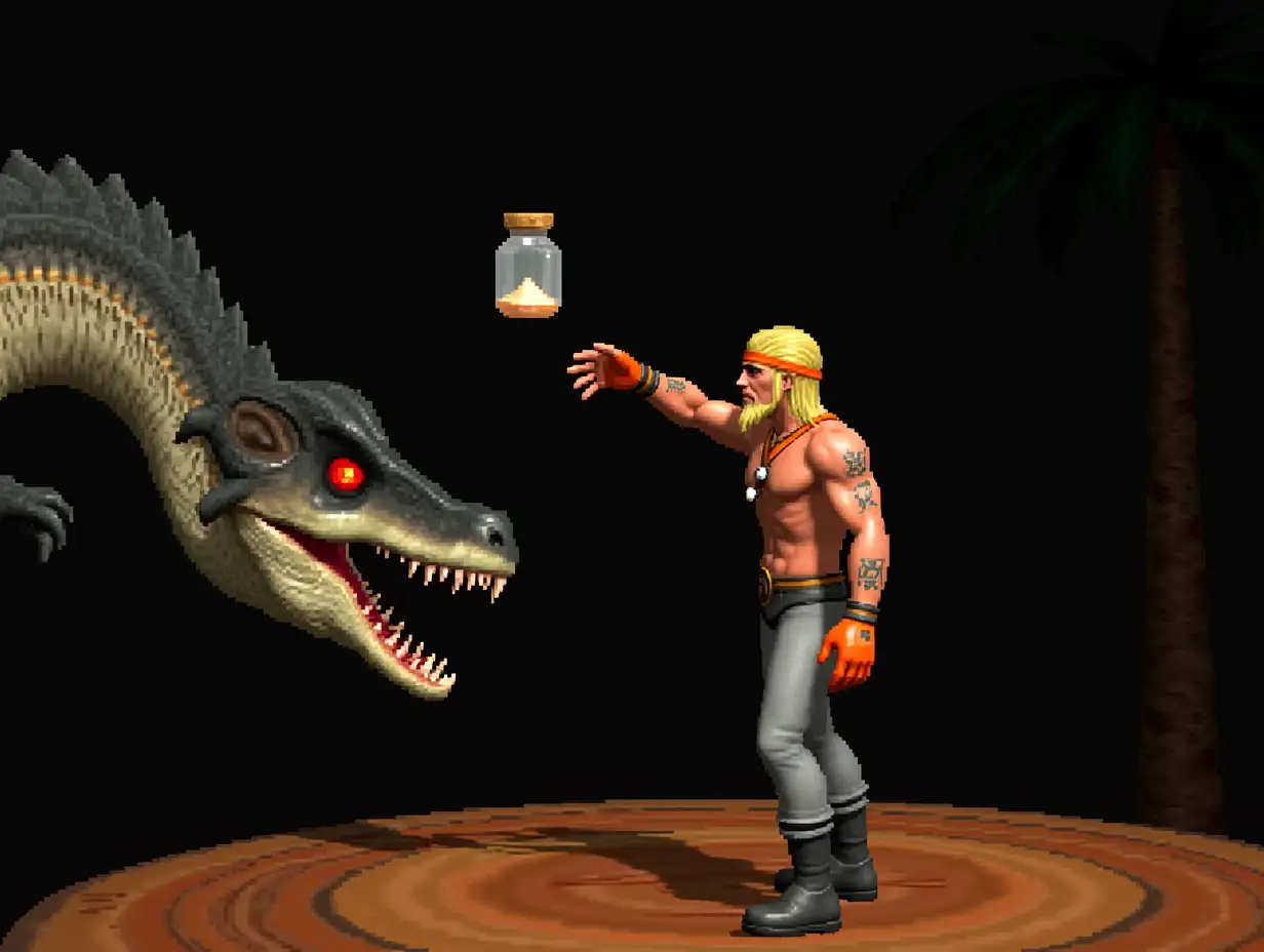 1990s 3D ps1 styled Gameplay screenshot for PlayStation featuring a 3D polygonal characters models of A blonde long haired attractive Tall muscular agile wild European American man with tribal tattoos around his face an orange thin headband wearing grayish long pants an boots on top and orange gloves of a platform of an indoor tree wooden altar of Bantu religion tossing a far throw of a closed jar full of transparent liquid sedative into the mouth of a gigantic terrifying frilled eared looking dinosaur serpent with red eyes and black skin with the creatures neck extending at him 3D polygonal style video game 3rd person 3D Adventure 3rd person 3D 3rd person mystery 1990s graphics retro style game 3D 3rd person survival horror game 3d 1990s PlayStation One Graphics