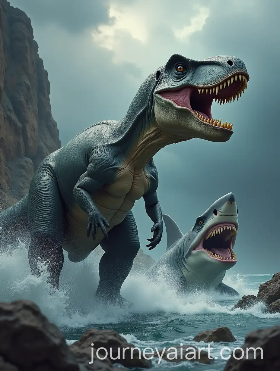 Muscular-Tyrannosaurus-Rex-and-Massive-Shark-in-Prehistoric-Battle