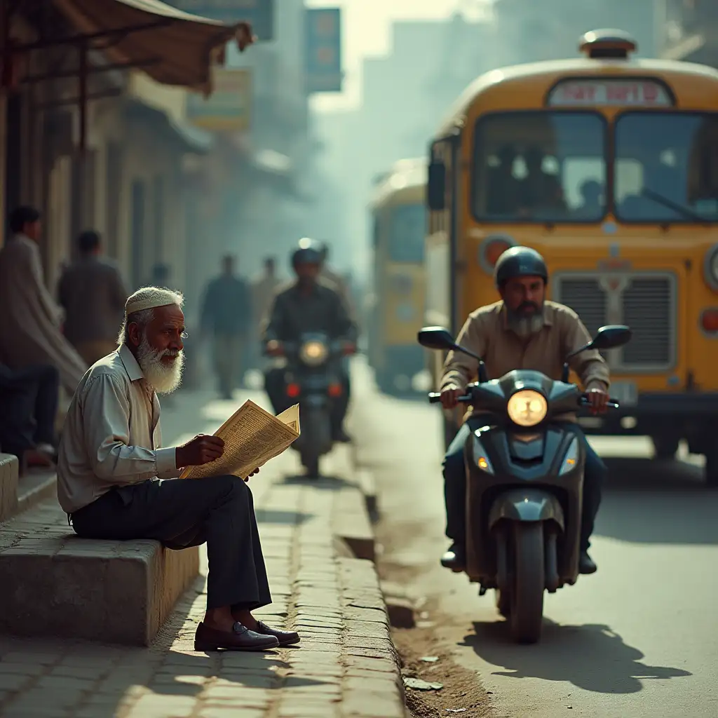 in karachi sadar market maket were in earleir morning but sub old men reading newspaper were sit in footpath aik bus or some motor cycles on their to reach their destination this era time late 90's create some asthetic shots with cinematic look