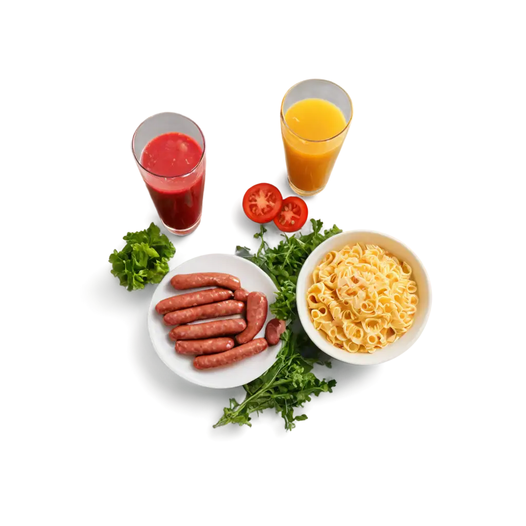 Two sausages, cheese pasta, salad and juice. Bird's eye view