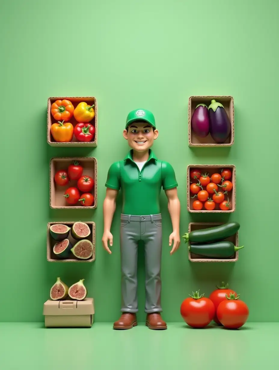 Create a clean, professional action figure-style starter pack image. The packaging features a flat green background (8bc541), with a bold title at the top (e.g., 'Grower Starter-Pack') and a subtitle underneath (e.g., 'A locally produced freshness'). In the center, there is a smiling male farmer action figure, standing upright. He wears a green polo shirt, gray pants, and a green cap with a logo printed on it. Around the figure, neatly arranged accessories include miniature cardboard trays filled with various fresh produce: colorful bell peppers, tomatoes, cucumbers, figs, eggplant, zucchini. bunch of small tomatoes. The style should be minimalistic, realistic, well-lit with soft shadows, and resemble premium commercial toy packaging. The company's white logo is placed prominently near the title area. The overall mood should be fresh, vibrant, organized, and inviting, similar to a high-end product display.