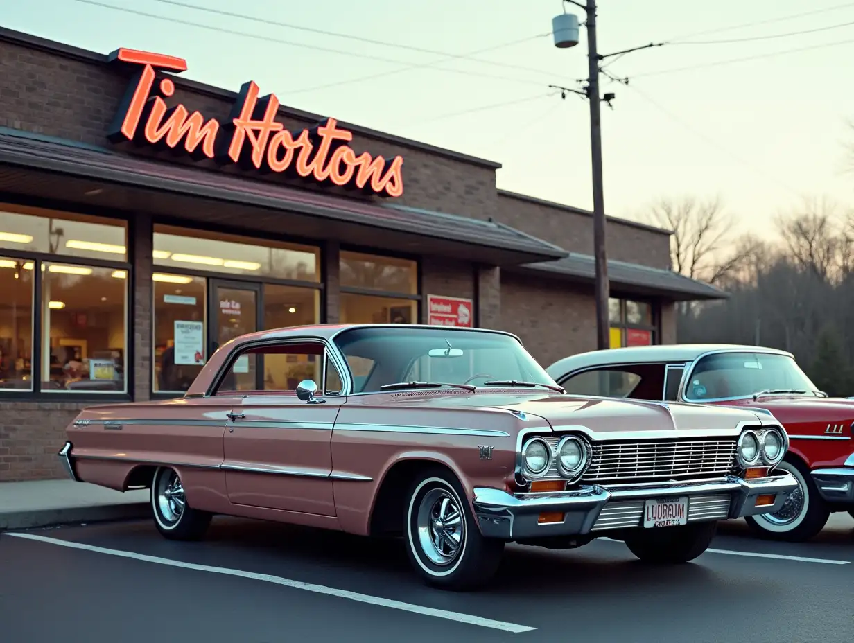 fully detailed picture of  a vintage  1964 Chevrolet Impala parked in front of a Tim Hortons  [side shot]facing camera parked beside a 1957 Chevrolet