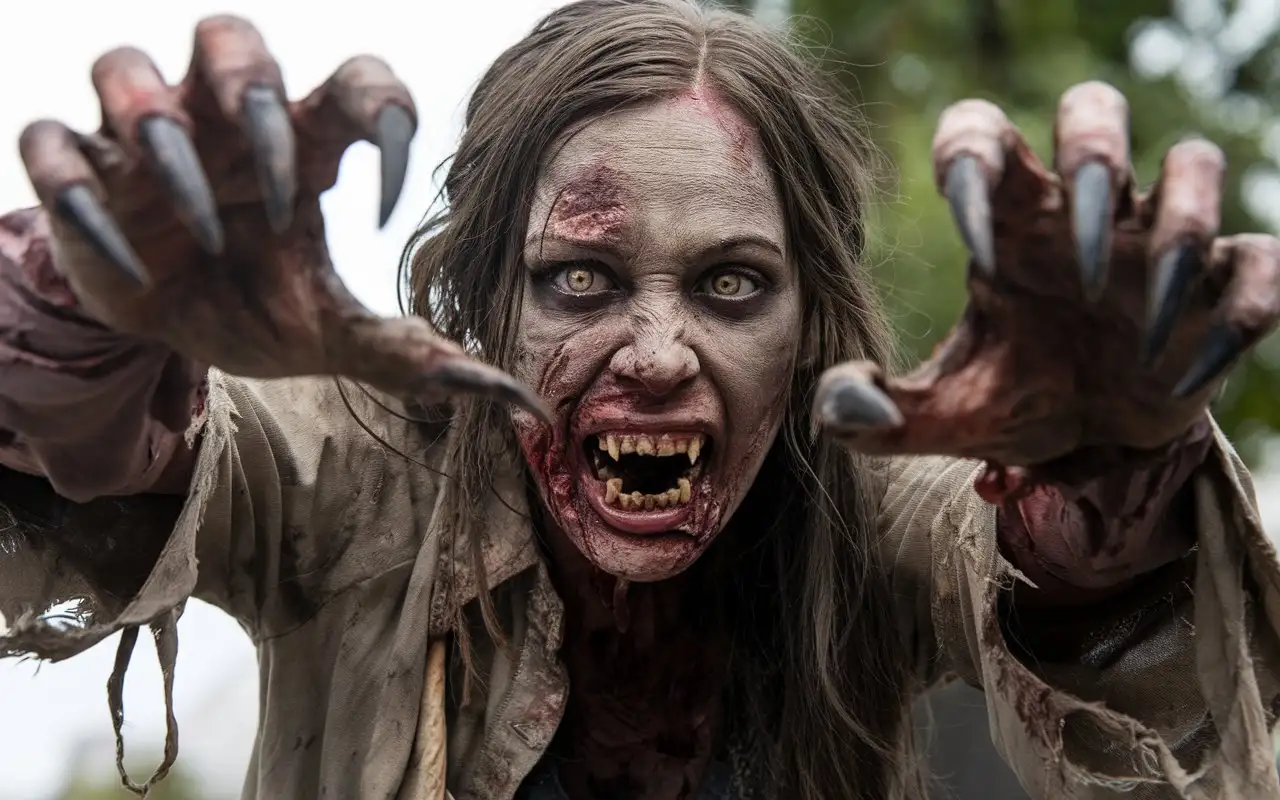 A rotten scary ugly zombie woman with claw-like nails on her hands,legs long toe  curved nails and a mouth with sharp, ugly jagged jaw teeth. The zombie is dressed in torn clothes, without shoes, they goes after her prey, stretching out they arms in front of they to grab it. the close up, face to face, how The Walking Dead TV Series. photo. full-length photo.