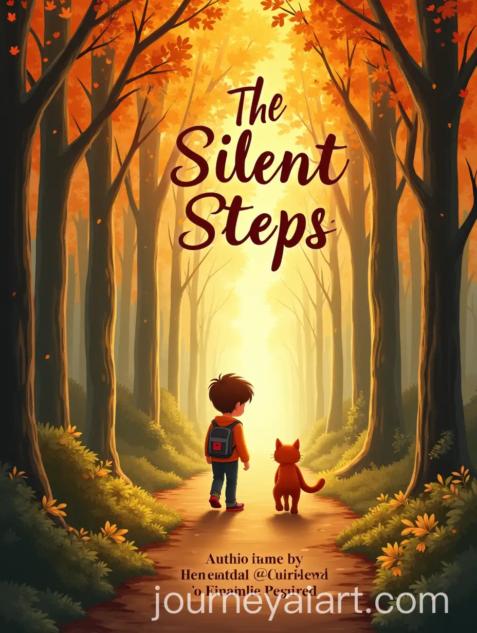 Childrens-Storybook-Cover-with-Boy-and-Cat-on-Forest-Path-in-Autumn