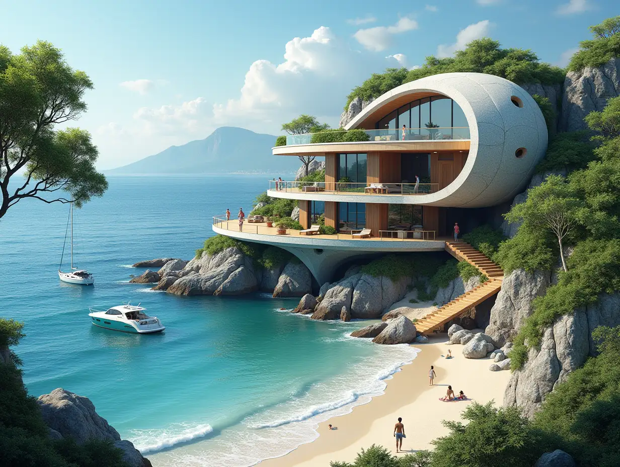 Create a high-resolution, realistic panorama image of a futuristic terrace building with steps to the sea window snail house with many plants and gray and brown facades a beach with people a yacht on the sea waves, large trees, blue sky